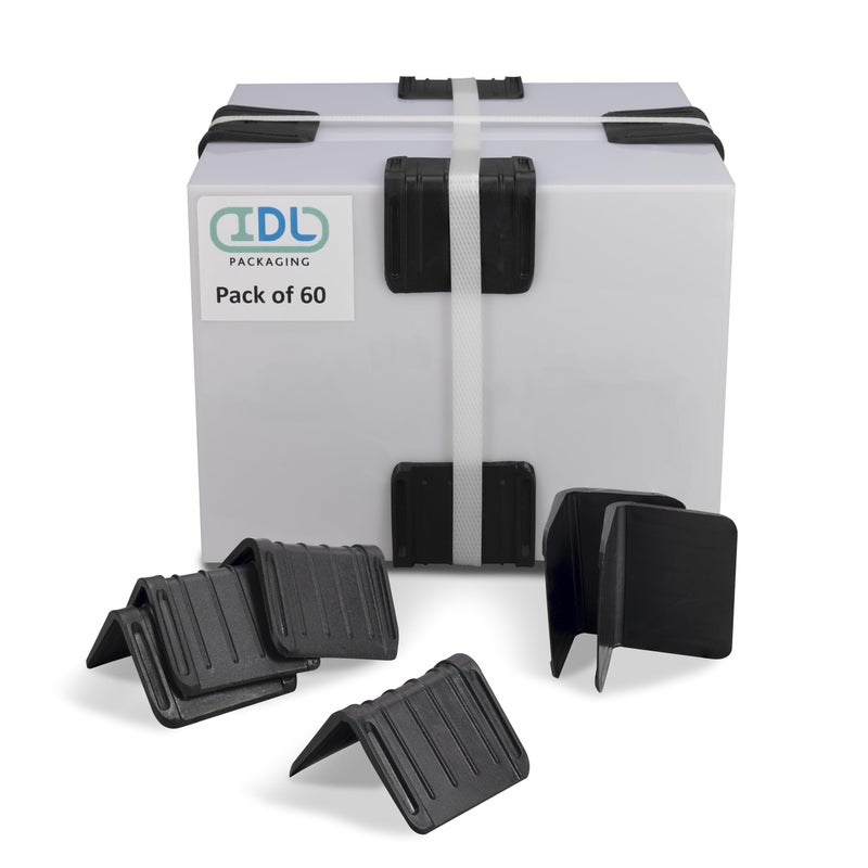 IDL Packaging 2.25" x 1.75" Plastic Edge Protectors for up to 1" Strapping, Black Color (Pack of 120) - Reusable Strap Corner Protector with Anti-Slip Ribbed Channels - Durable and Tough Strap Guards - Image 1